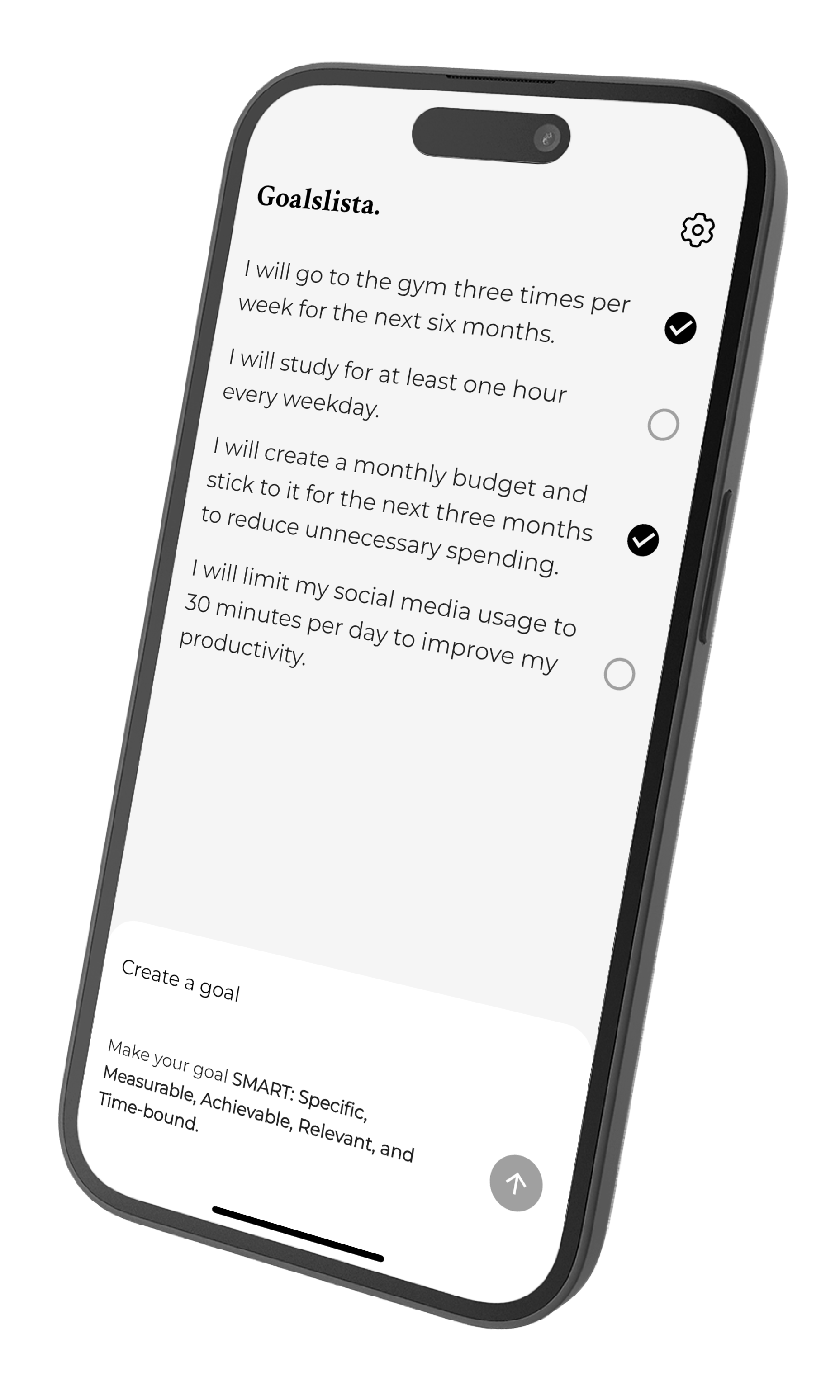 Goalslista app screenshot showing goal tracking interface in angled perspective